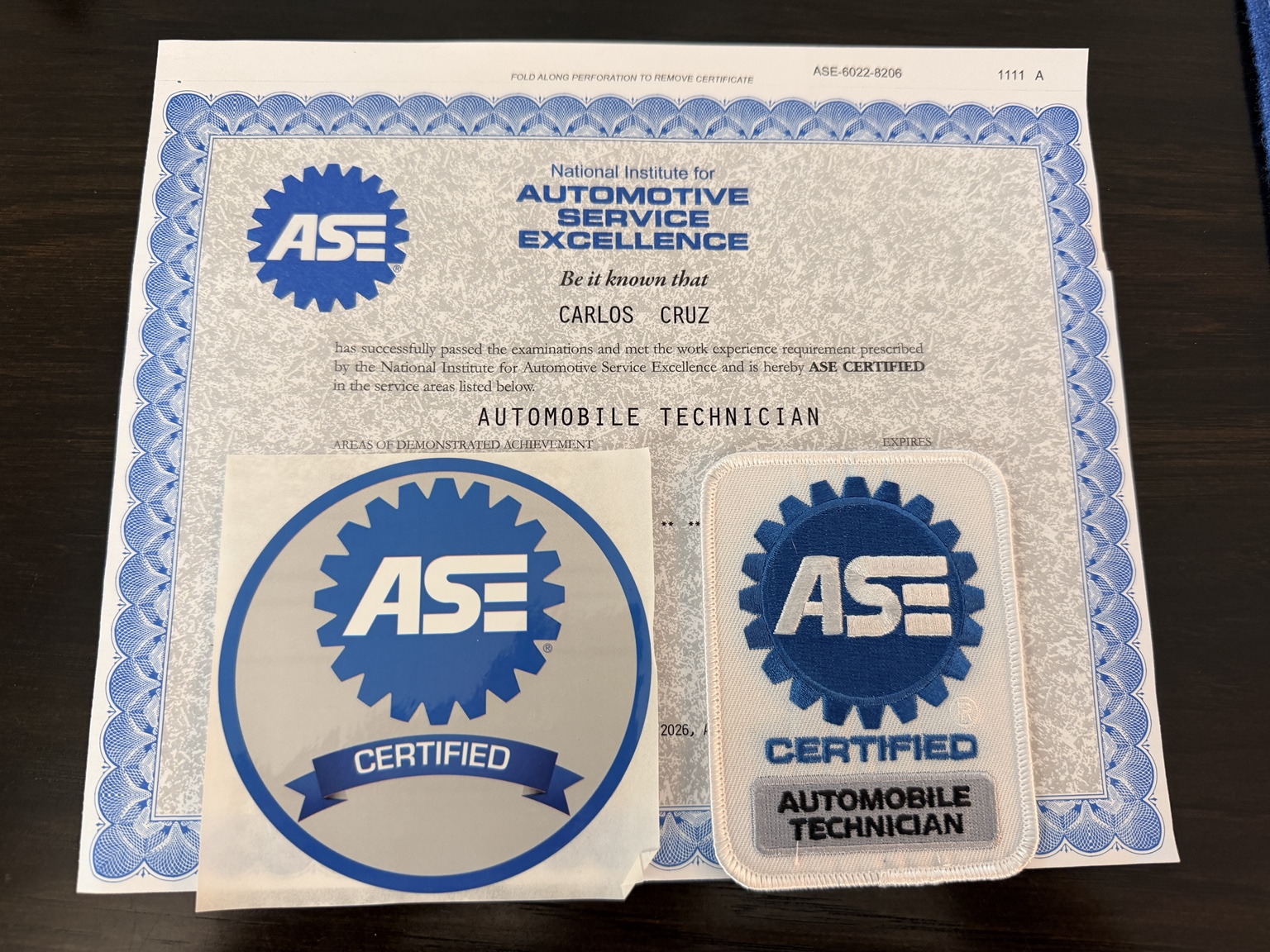 ASE Certified Automobile Technician certificate